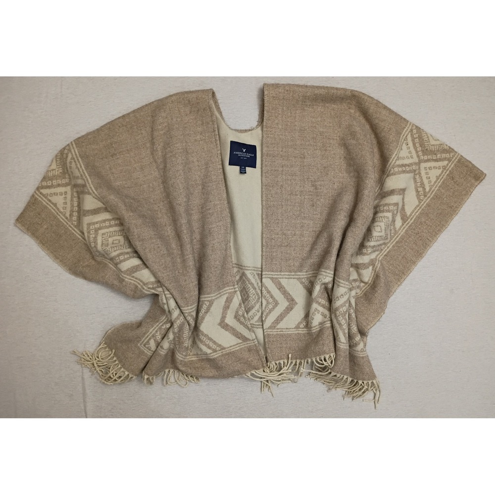 American Eagle Outfitters Beige Geometric Fringe Poncho Wrap One Size